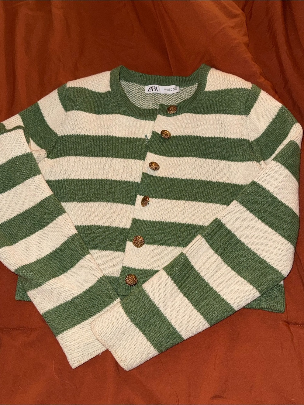 Zara Green and Cream Striped Knit Cardigan with Decorative Buttons